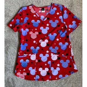 Women's SMALL Scrub Top Vneck Front Pockets‎ Mickey Mouse Red White Blue USA